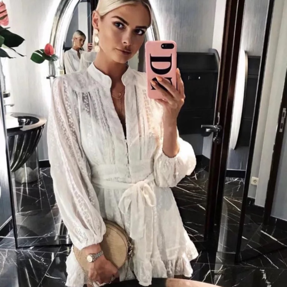 SOLD OUT Boho White Floral Embroidered Button Mini Dress - Picture 6 of 12